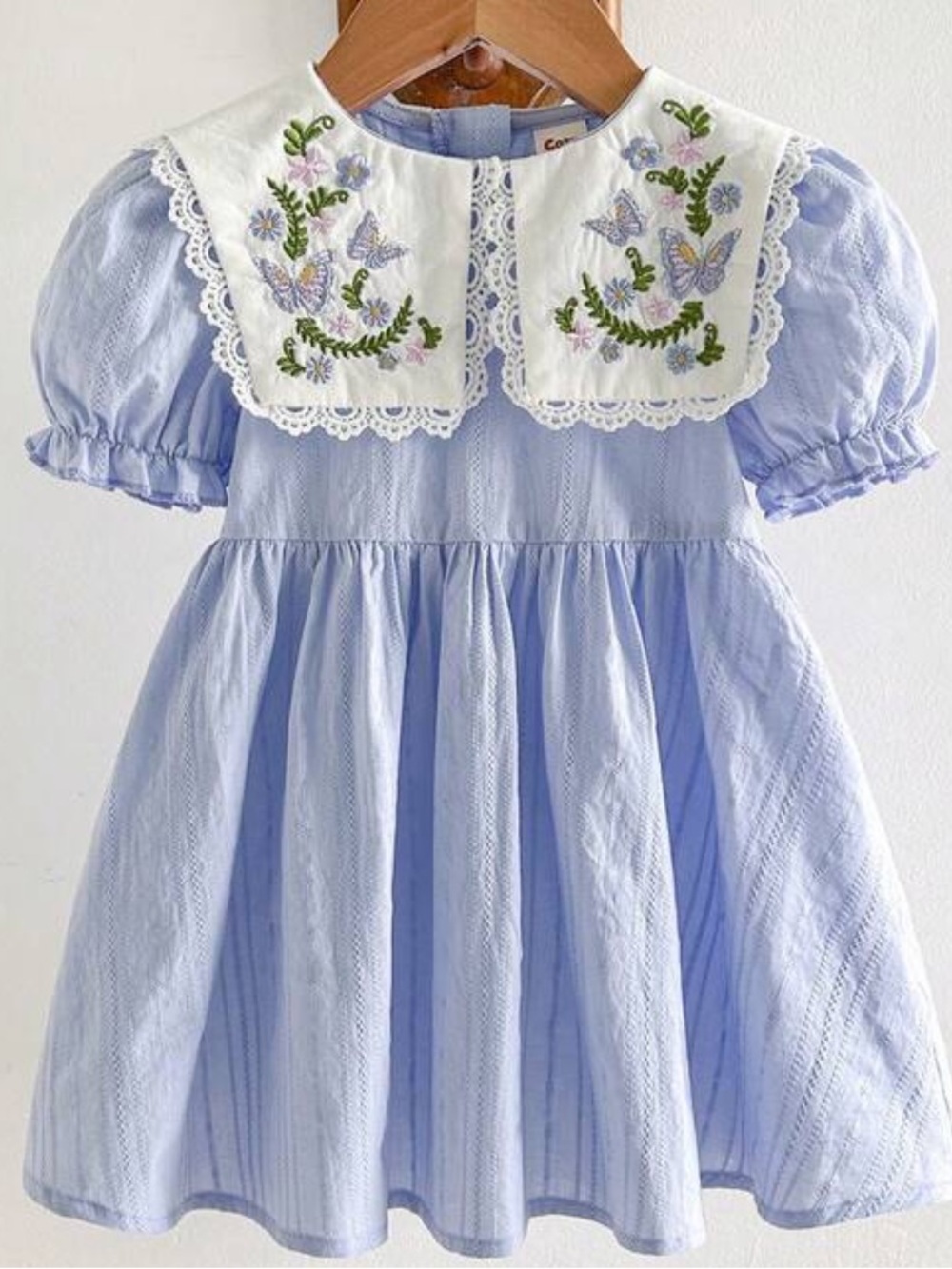 NWT Heirloom Puff Sleeve Blue Dress with Butterfly Embroidery & Lace Cottagecore